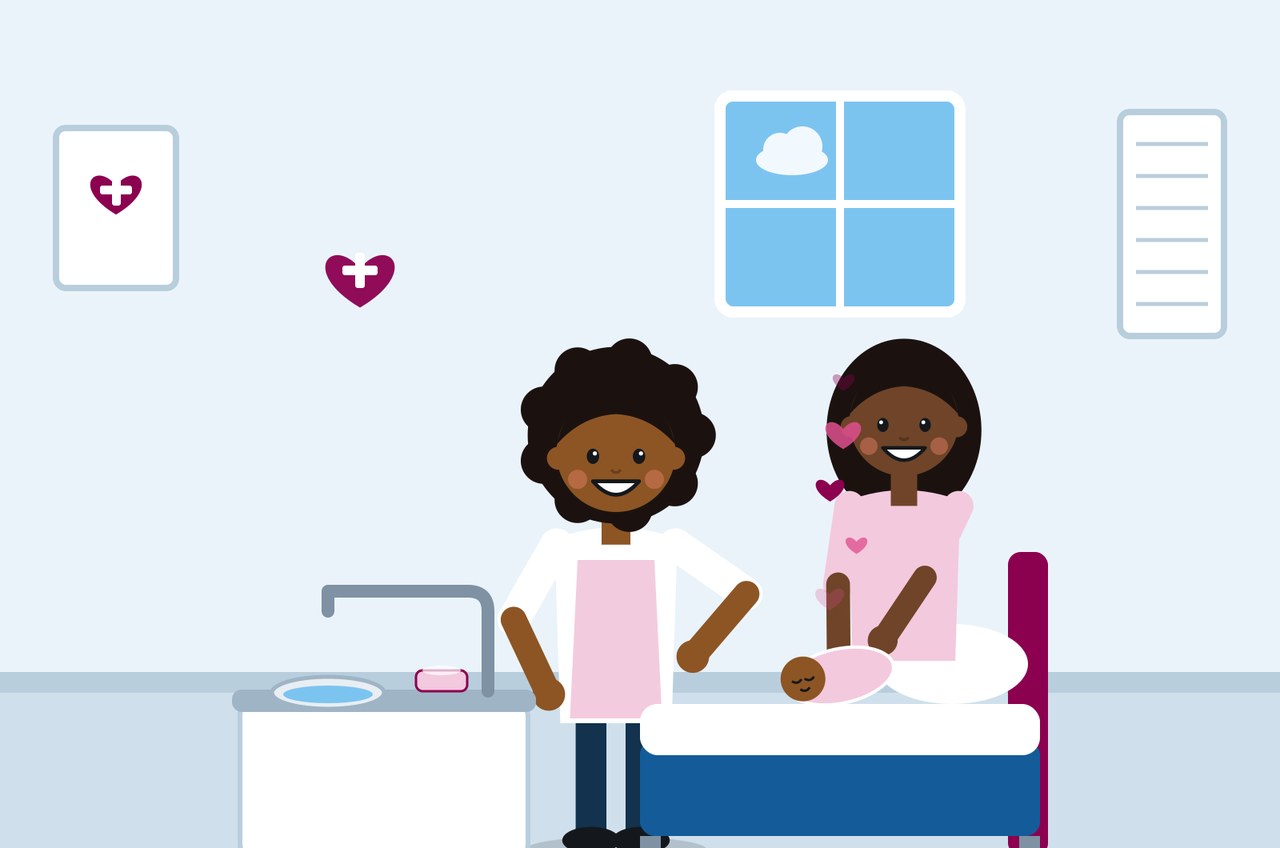 Illustration of a midwife washing her hands beside a mother holding her newborn