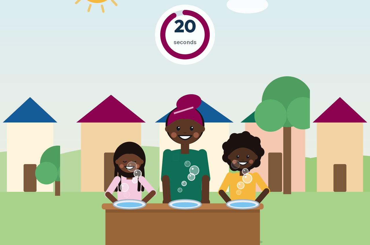 Illustration of a woman and two children washing their hands together at a community handwashing table