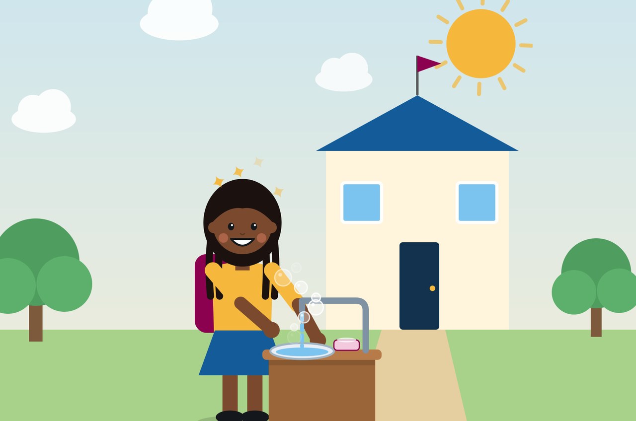 Illustration of a schoolgirl washing her hands at a new handwashing station outside her school