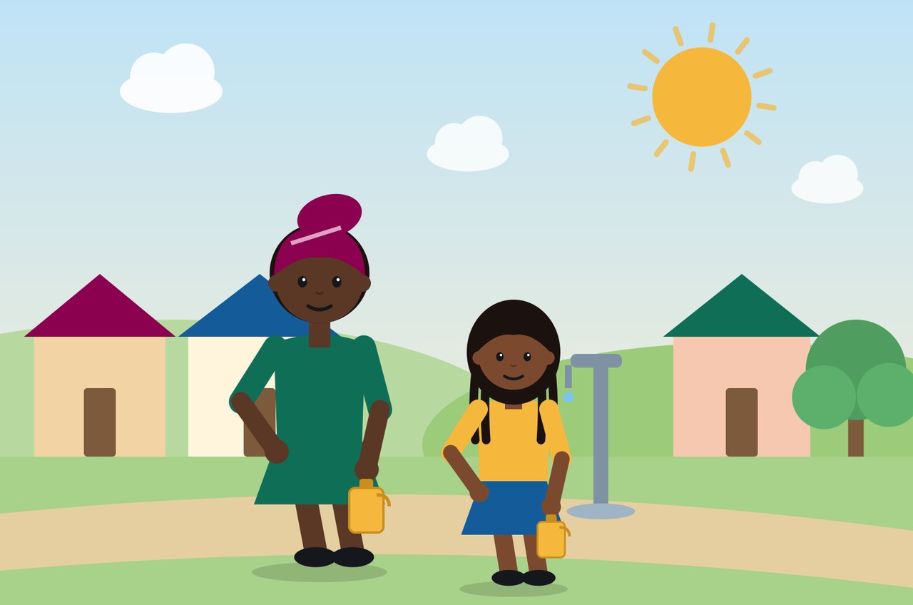 Illustration of a woman and a girl carrying water cans past a community standpipe
